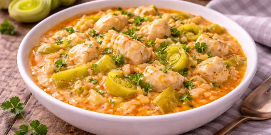 Eintopf mit Porree, Reis und Fisch in einer Schüssel