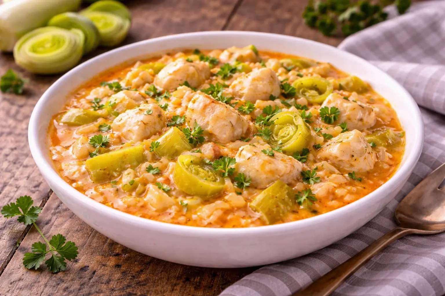 Eintopf mit Porree, Reis und Fisch in einer Schüssel