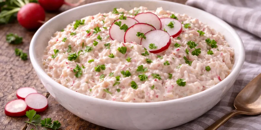 Cremiger Radieschenaufstrich mit Petersilie in einer Schüssel