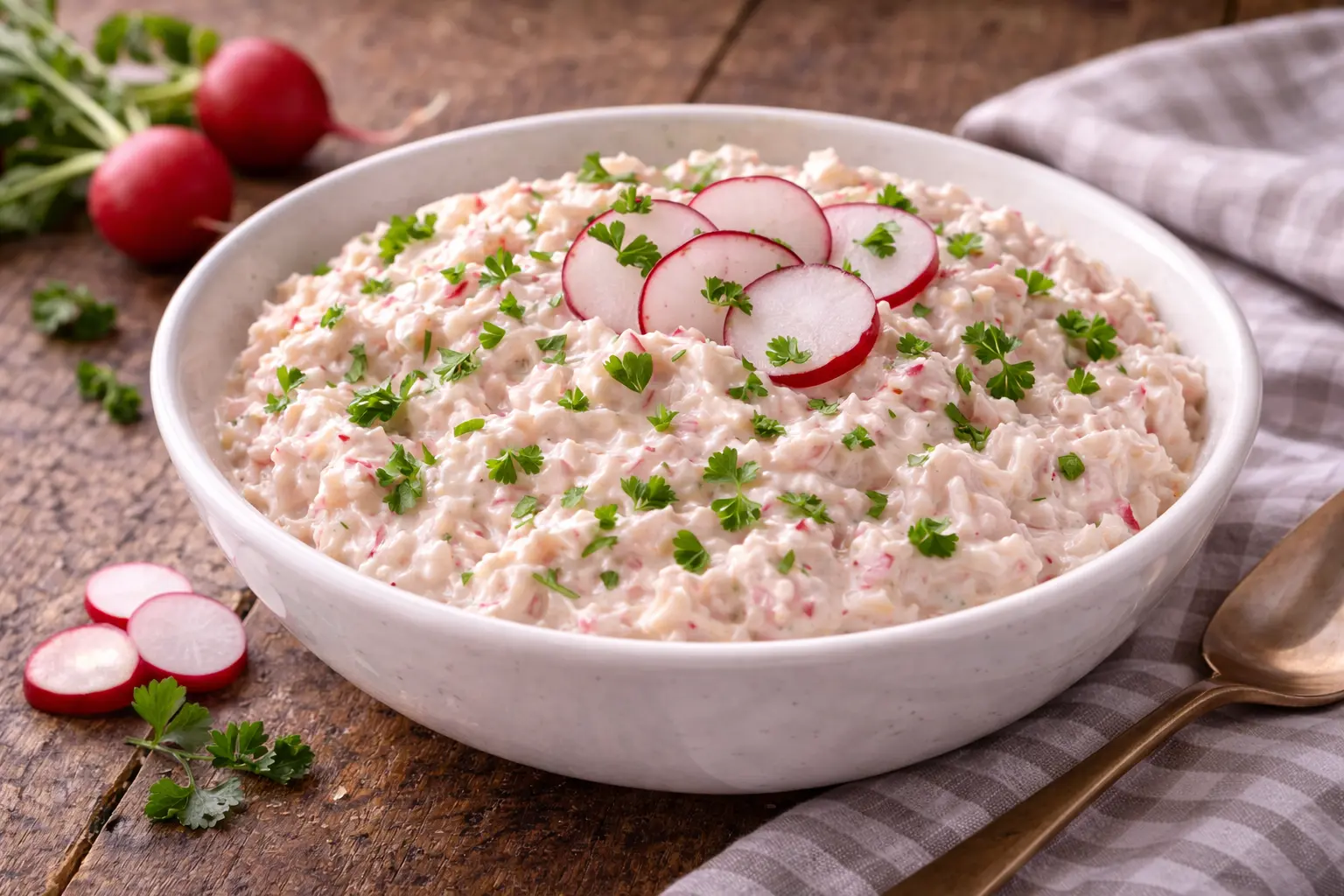 Cremiger Radieschenaufstrich mit Petersilie in einer Schüssel