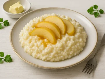 Ein Teller cremiger Apfelreis mit Apfelspalten und brauner Butter, serviert auf rustikalem Geschirr mit heller Dekoration.