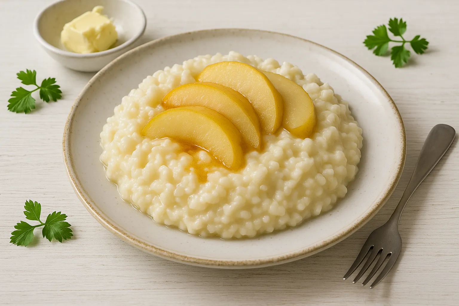 Ein Teller cremiger Apfelreis mit Apfelspalten und brauner Butter, serviert auf rustikalem Geschirr mit heller Dekoration.