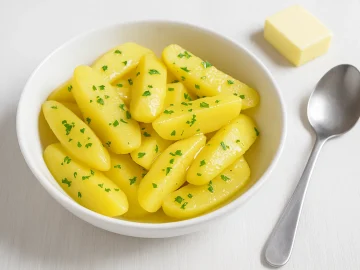 Kartoffeln auf englische Art mit geschmolzener Butter und Petersilie in weißer Schale, serviert auf weißem Holztisch mit Löffel und Butterstück