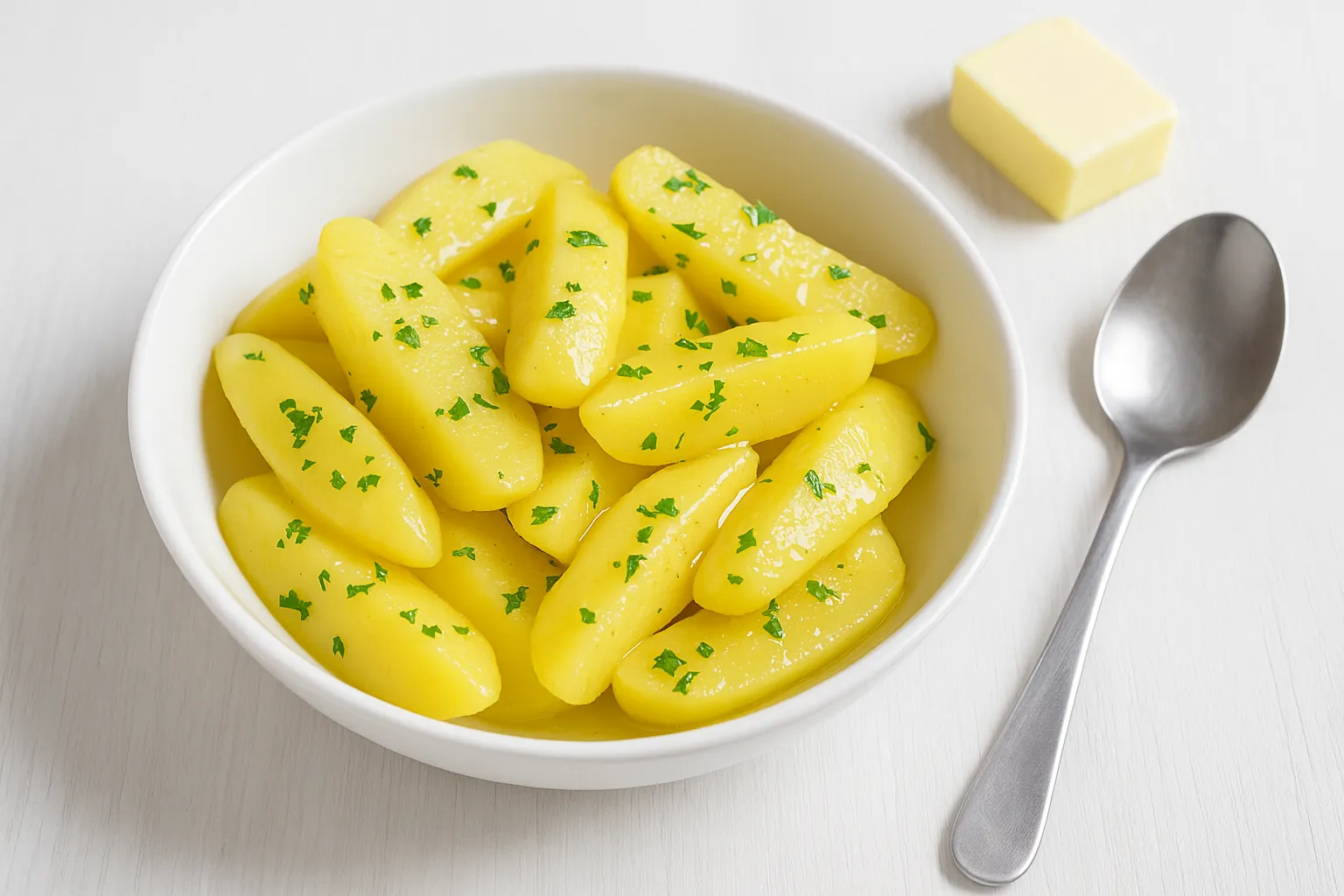 Kartoffeln auf englische Art mit geschmolzener Butter und Petersilie in weißer Schale, serviert auf weißem Holztisch mit Löffel und Butterstück