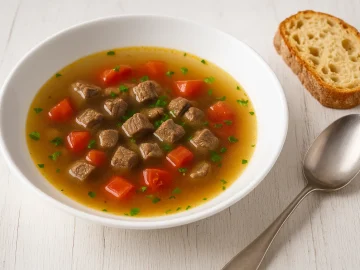 Kraftbrühe mit Rindfleischwürfeln, Tomaten und Gemüse in weißem Teller, serviert auf weißem Holztisch mit Löffel und Brot