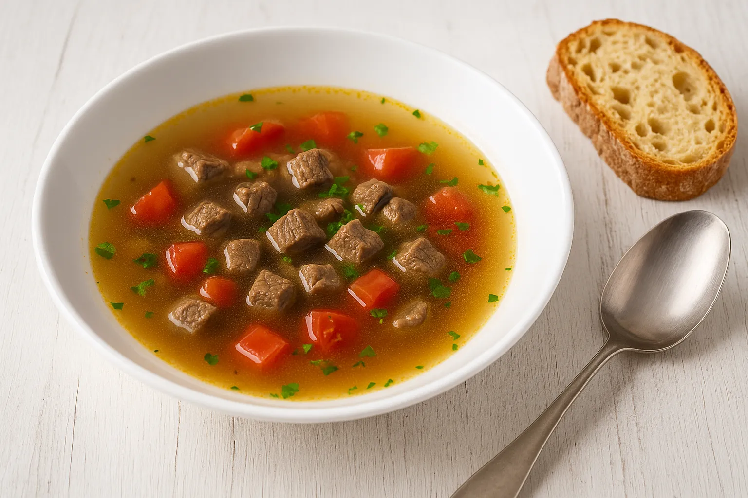 Kraftbrühe mit Rindfleischwürfeln, Tomaten und Gemüse in weißem Teller, serviert auf weißem Holztisch mit Löffel und Brot