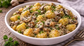 Gebratene Kartoffeln mit Pilzen und cremiger Sahnesoße in einer Schüssel