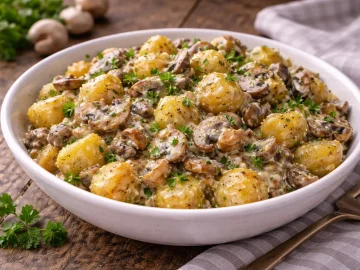 Gebratene Kartoffeln mit Pilzen und cremiger Sahnesoße in einer Schüssel