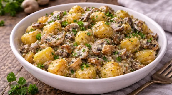 Gebratene Kartoffeln mit Pilzen und cremiger Sahnesoße in einer Schüssel