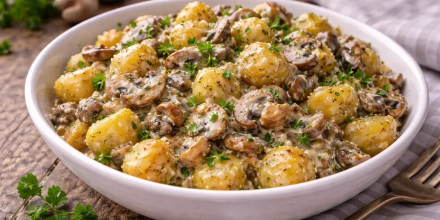 Gebratene Kartoffeln mit Pilzen und cremiger Sahnesoße in einer Schüssel