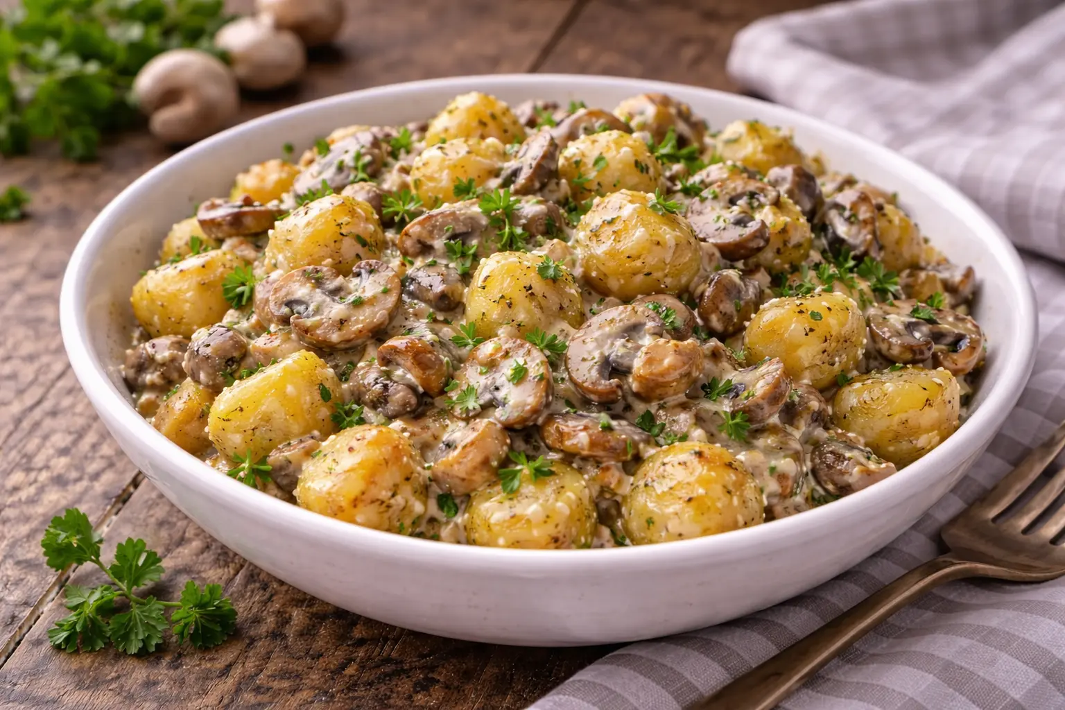 Gebratene Kartoffeln mit Pilzen und cremiger Sahnesoße in einer Schüssel