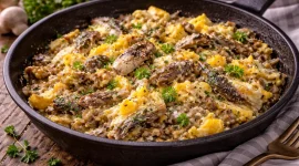 Gebratener Bückling mit Ei und Zwiebeln in einer rustikalen Pfanne