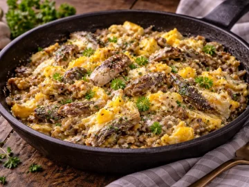 Gebratener Bückling mit Ei und Zwiebeln in einer rustikalen Pfanne