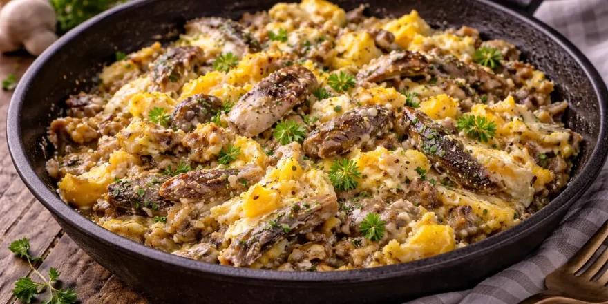 Gebratener Bückling mit Ei und Zwiebeln in einer rustikalen Pfanne