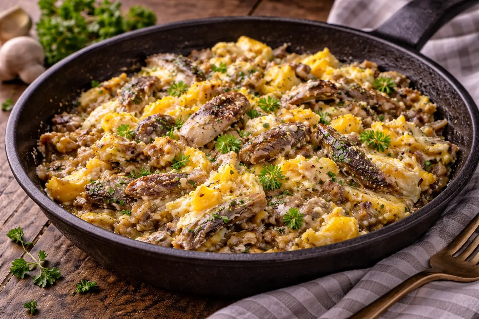 Gebratener Bückling mit Ei und Zwiebeln in einer rustikalen Pfanne