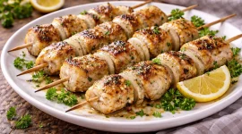 Gegrillte Fischspieße mit Zwiebeln und Kräutern