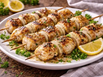 Gegrillte Fischspieße mit Zwiebeln und Kräutern