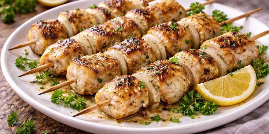 Gegrillte Fischspieße mit Zwiebeln und Kräutern