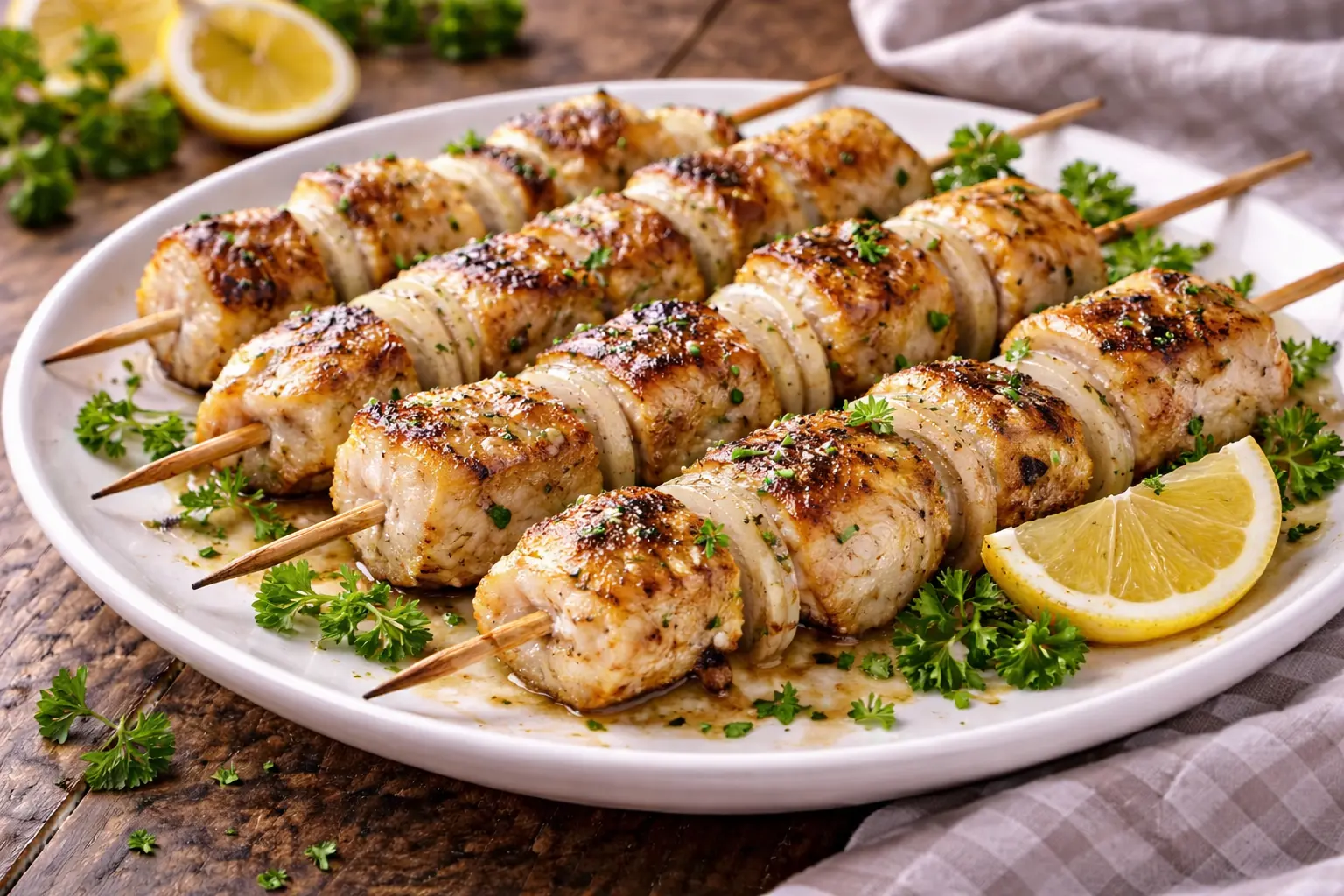 Gegrillte Fischspieße mit Zwiebeln und Kräutern