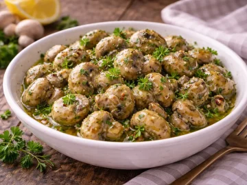 Champignons in Olivenöl mit Kräutern und Knoblauch in einer Schüssel