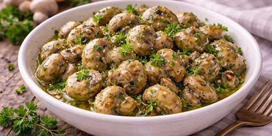 Champignons in Olivenöl mit Kräutern und Knoblauch in einer Schüssel