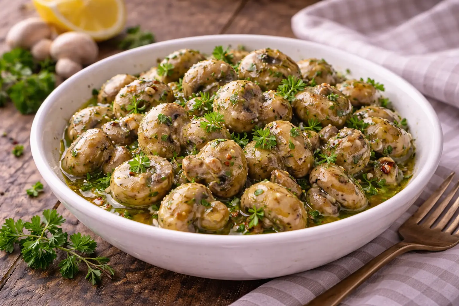 Champignons in Olivenöl mit Kräutern und Knoblauch in einer Schüssel