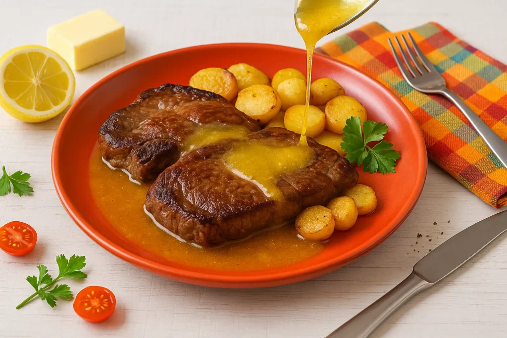  Zwei Rumpsteaks mit Buttersoße und Bratkartoffeln auf rotem Teller, dekoriert mit Zitrone, Butter und Petersilie auf weißem Holztisch.