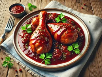 Hühnerkeulen in Rotweinsoße – Ein herzhafter Genuss aus der klassischen Küche
