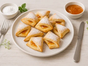 Frische Quarkecken mit Aprikosenmarmelade und Puderzucker auf weißem DDR-Geschirr, dekoriert auf weißem Holzhintergrund