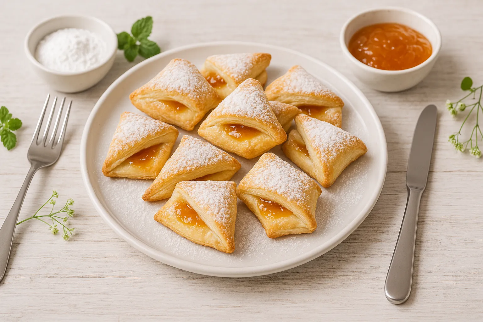 Frische Quarkecken mit Aprikosenmarmelade und Puderzucker auf weißem DDR-Geschirr, dekoriert auf weißem Holzhintergrund