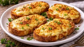 Knusprige Käsebrote mit geschmolzenem Käse und Paprika auf weißem Teller