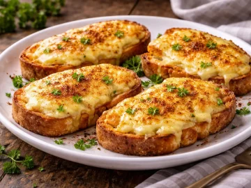 Knusprige Käsebrote mit geschmolzenem Käse und Paprika auf weißem Teller