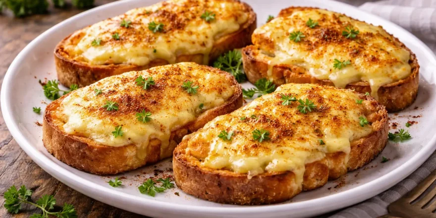 Knusprige Käsebrote mit geschmolzenem Käse und Paprika auf weißem Teller