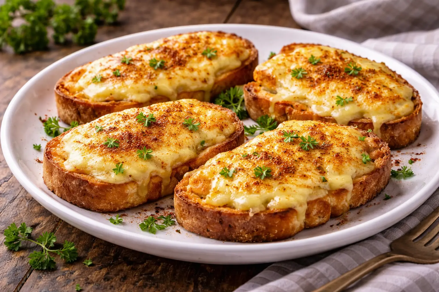 Knusprige Käsebrote mit geschmolzenem Käse und Paprika auf weißem Teller