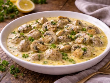 Champignons in cremiger Zitronensoße in einer Schüssel