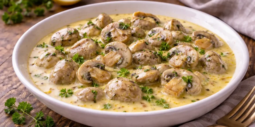 Champignons in cremiger Zitronensoße in einer Schüssel