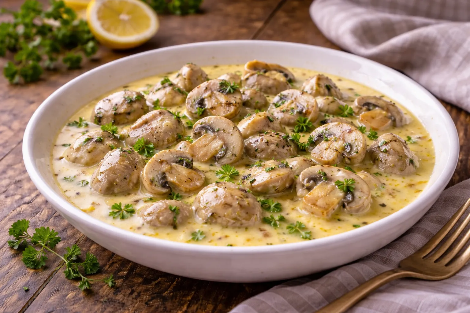 Champignons in cremiger Zitronensoße in einer Schüssel