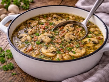 Herzhafte Pilzsuppe mit Speck und Kräutern in einem Emaille-Topf