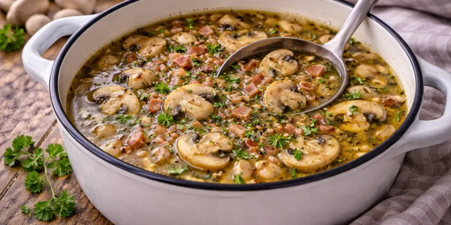 Herzhafte Pilzsuppe mit Speck und Kräutern in einem Emaille-Topf