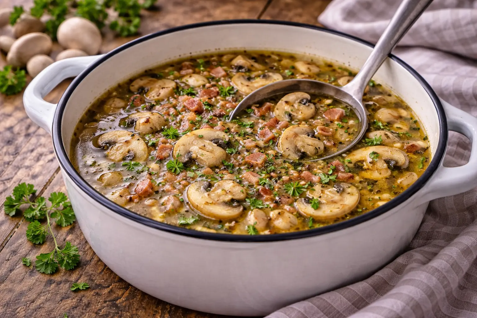 Herzhafte Pilzsuppe mit Speck und Kräutern in einem Emaille-Topf