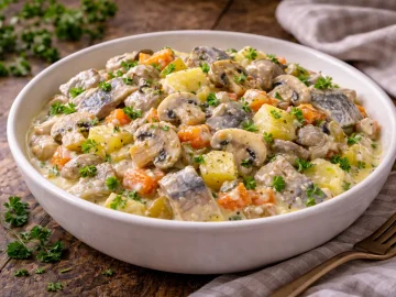 Hering-Pilz-Salat mit Kartoffeln und Gemüse in einer Schüssel