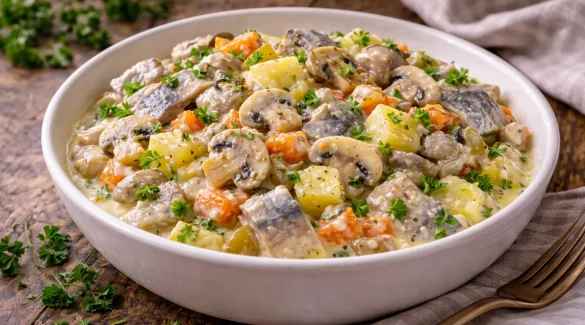 Hering-Pilz-Salat mit Kartoffeln und Gemüse in einer Schüssel
