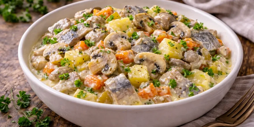 Hering-Pilz-Salat mit Kartoffeln und Gemüse in einer Schüssel