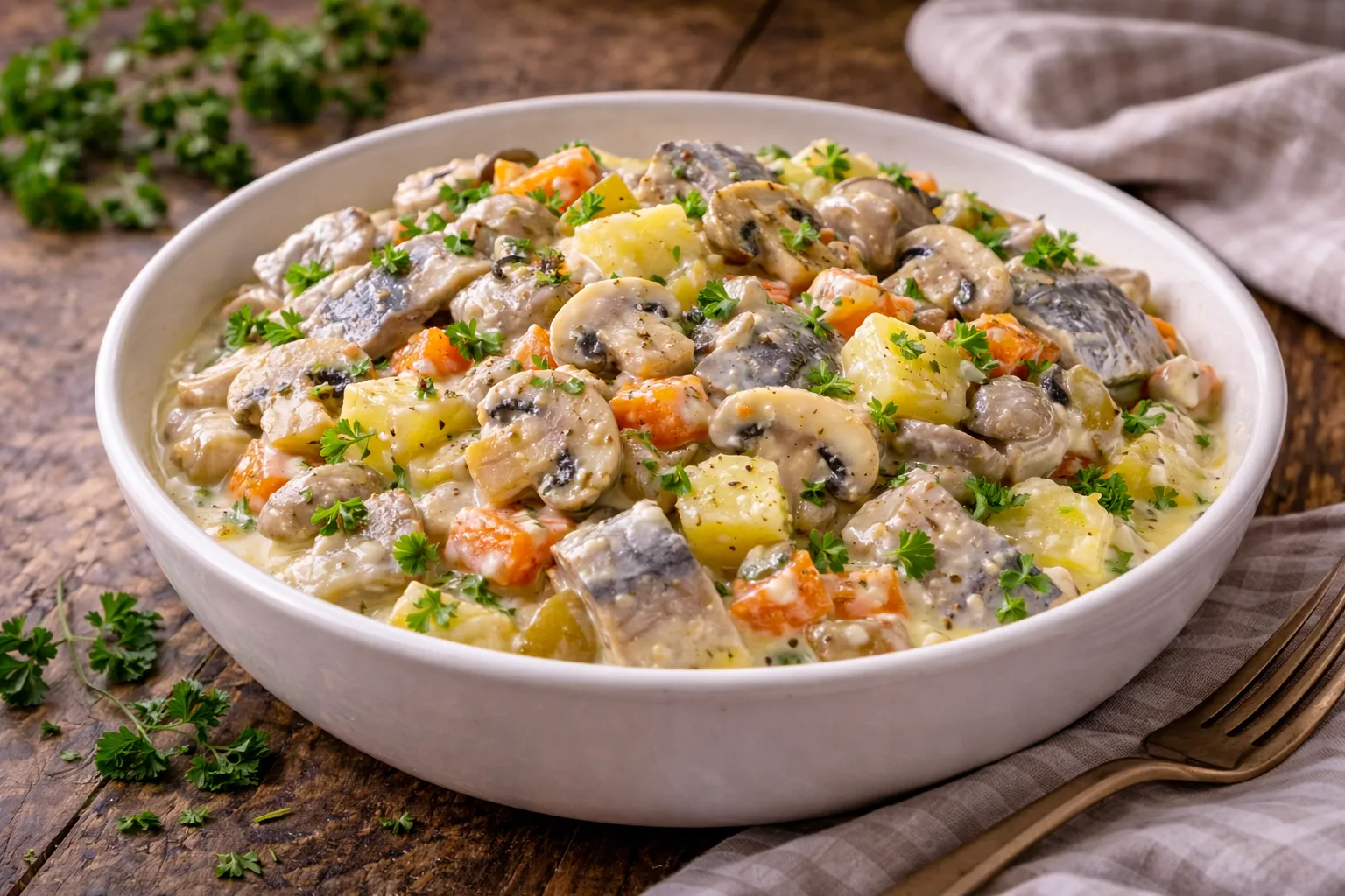 Hering-Pilz-Salat mit Kartoffeln und Gemüse in einer Schüssel