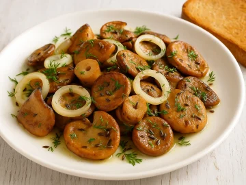 Gebratene Reizker mit Zwiebeln, Dill und Bohnenkraut auf weißem Teller, serviert mit Toast auf weißem Holztisch
