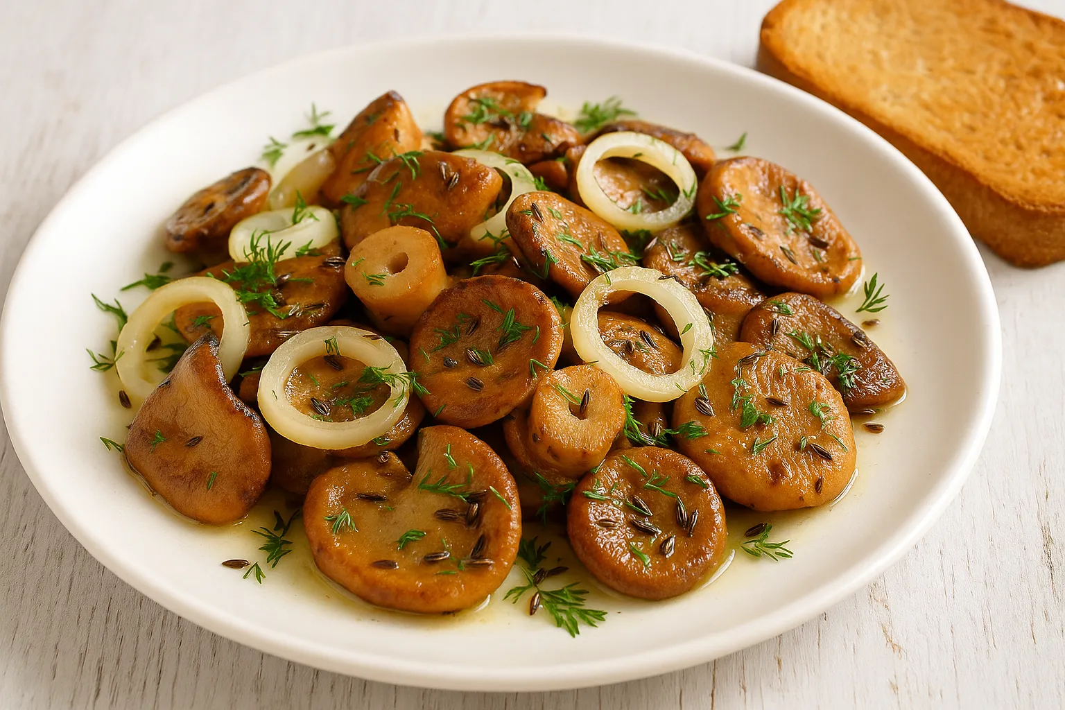 Gebratene Reizker mit Zwiebeln, Dill und Bohnenkraut auf weißem Teller, serviert mit Toast auf weißem Holztisch