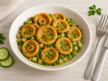 Reizkersalat mit Gewürzgurken und Kräutern in weißer Schüssel auf hellem Holztisch mit Besteck und Dekoration