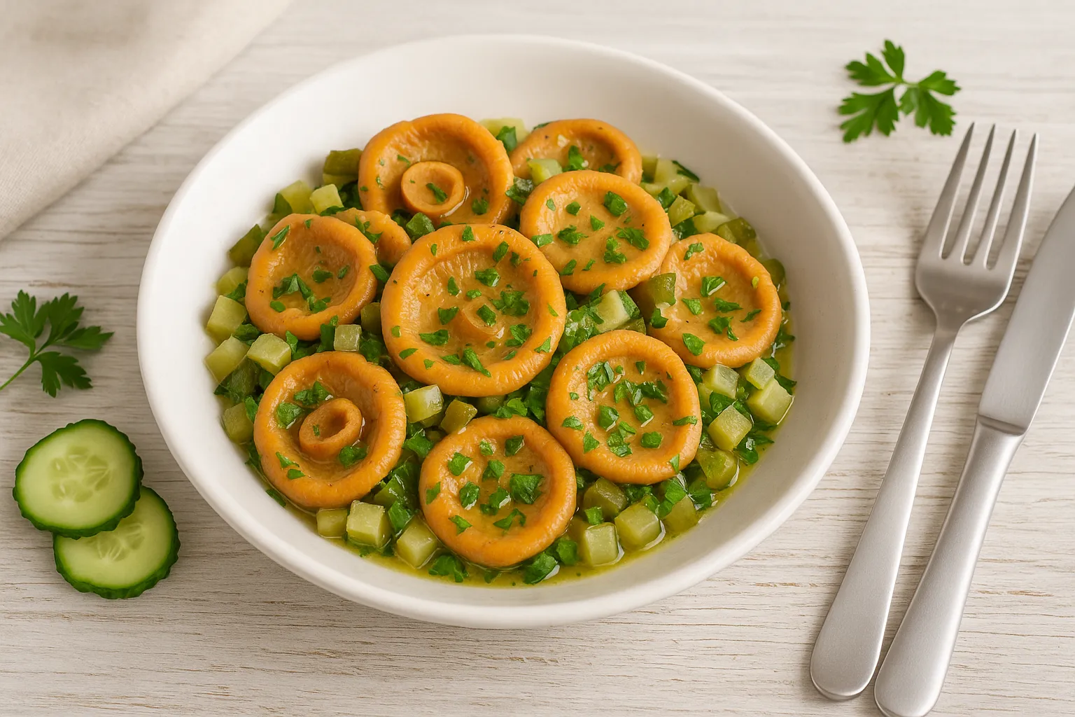 Reizkersalat mit Gewürzgurken und Kräutern in weißer Schüssel auf hellem Holztisch mit Besteck und Dekoration