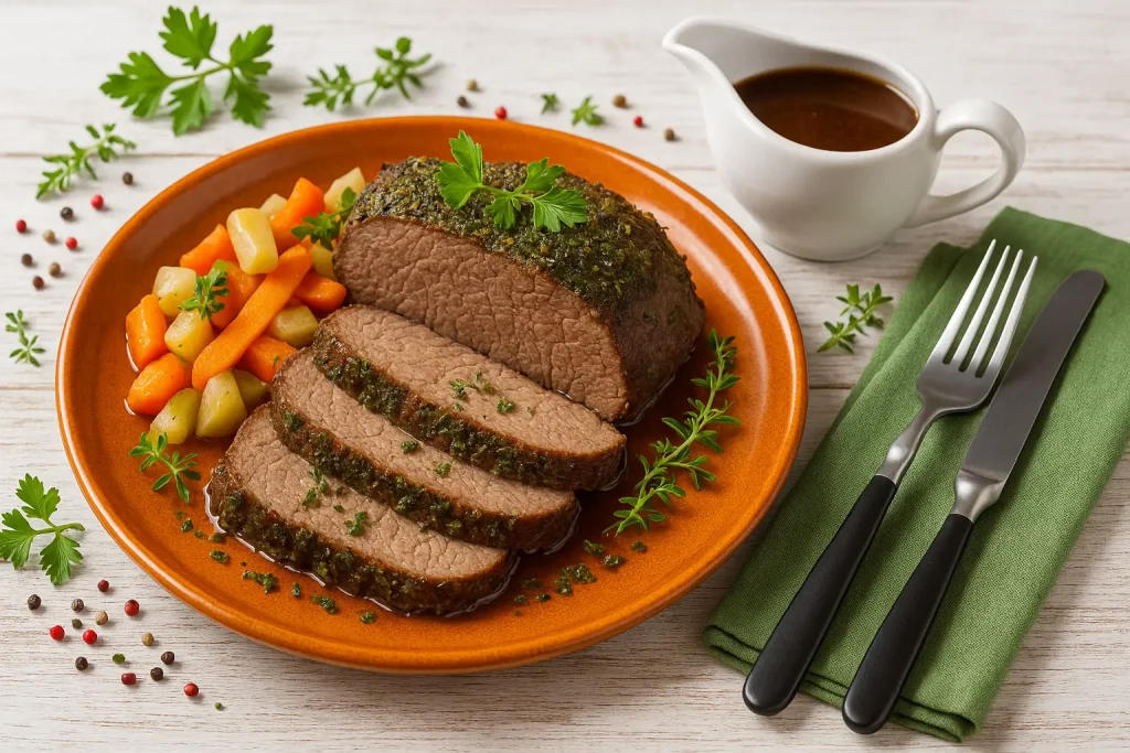  Kräuterbraten in Scheiben auf orangefarbenem DDR-Teller mit Wurzelgemüse und Bratensoße, dekoriert mit frischen Kräutern auf weißem Holztisch mit Holzmaserung.