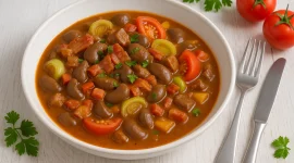 Nierenragout mit Schweinenieren, Speck, Porree und Tomaten in weißer Schüssel auf hellem Holztisch mit Besteck und Deko